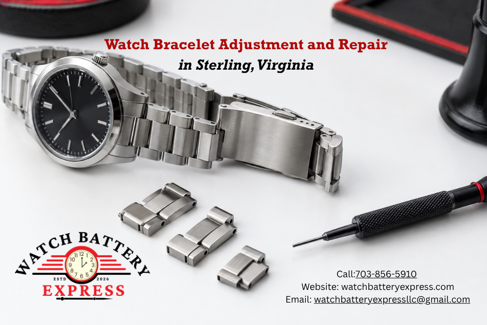 Stainless steel watch with an open bracelet clasp, three removed links, and a precision tool on a white workbench