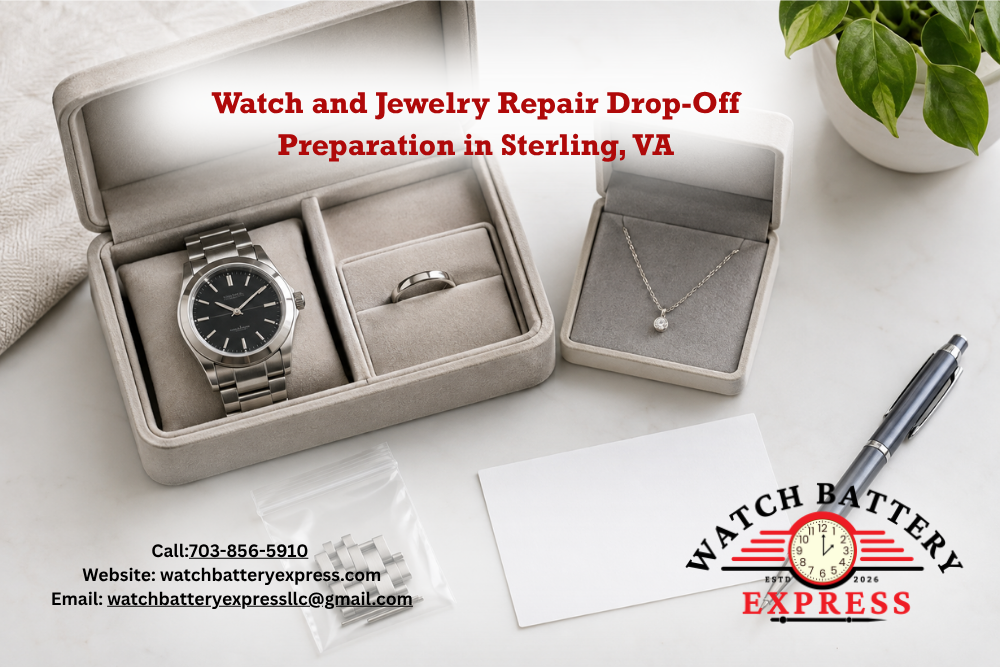 Watch and ring in a padded box, necklace in a separate box, and spare bracelet links in a clear bag beside a blank card and pen