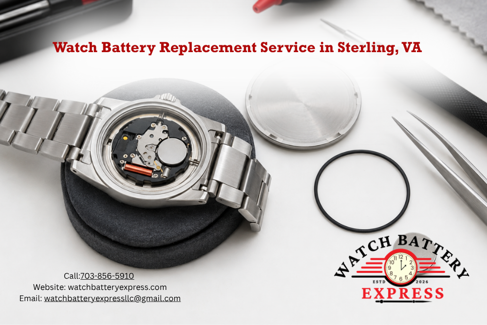 Open stainless steel quartz watch showing its battery, with the removed case back, gasket, spare coin cell, and repair tools beside it