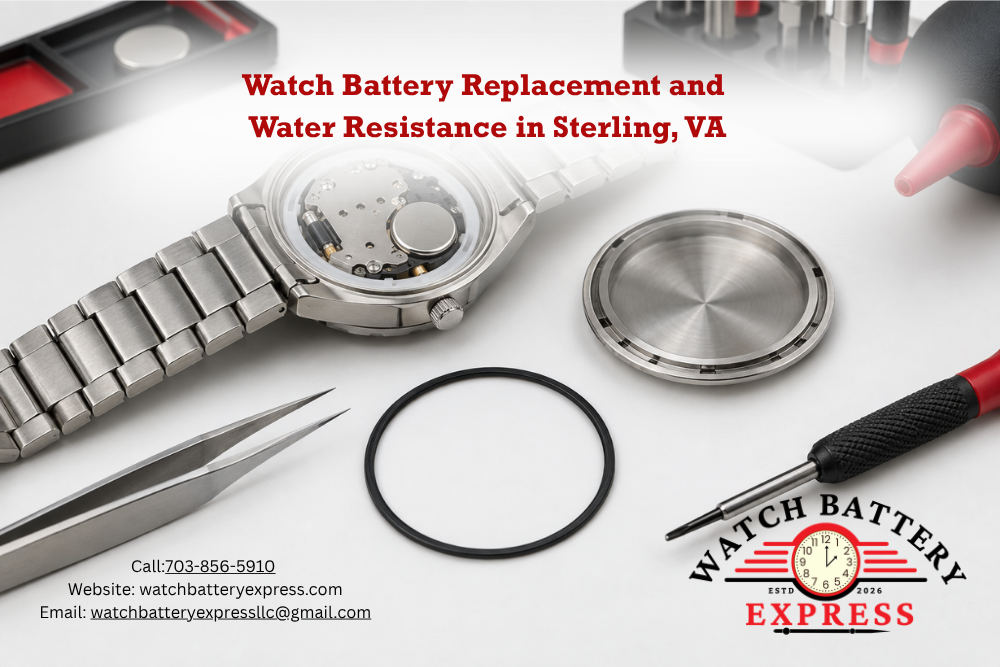 Open stainless steel quartz watch beside its removed case back, black rubber gasket, tweezers, and screwdriver on a white workbench