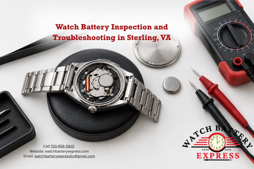 Open stainless steel quartz watch on a protective pad beside a removed case back, spare battery, tweezers, and a digital multimeter with probes.
