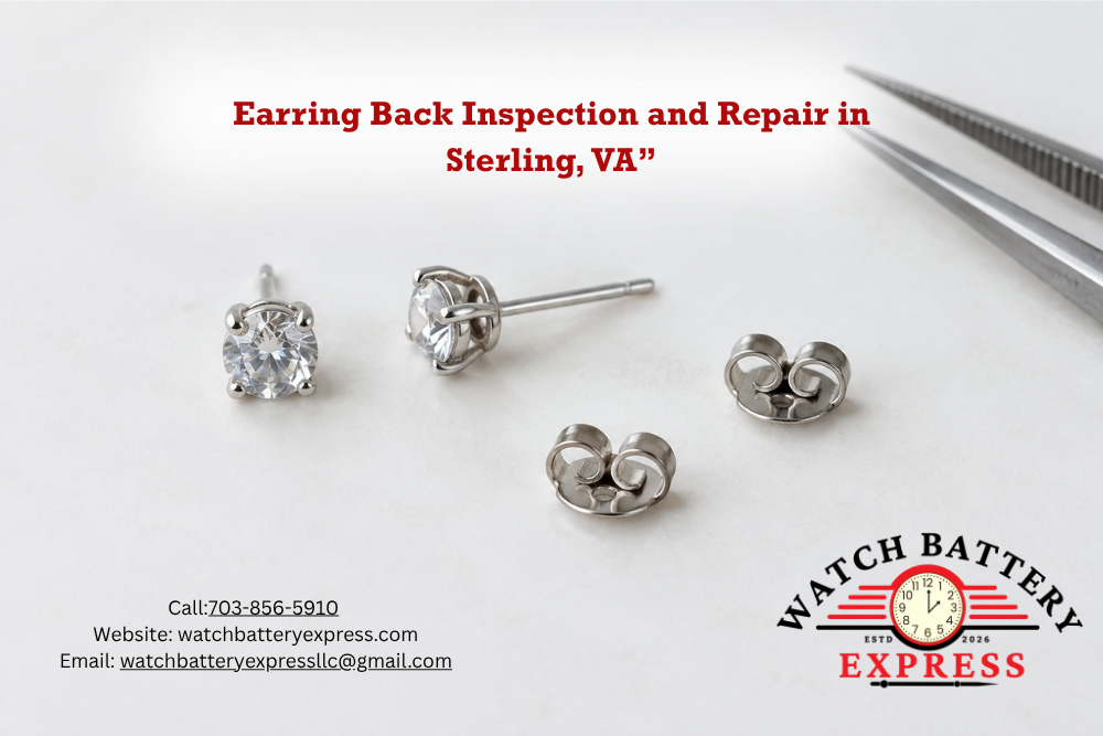 Two silver-colored stud earrings with clear stones and separate butterfly backs beside precision tweezers on a white surface