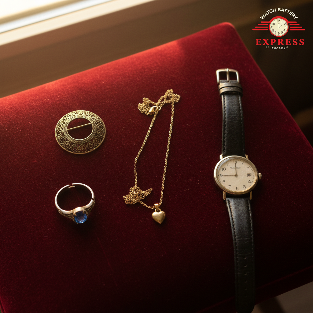 Collection of jewelry pieces including a gold chain, ring, brooch, and watch on velvet — jewelry repair in Loudoun County VA