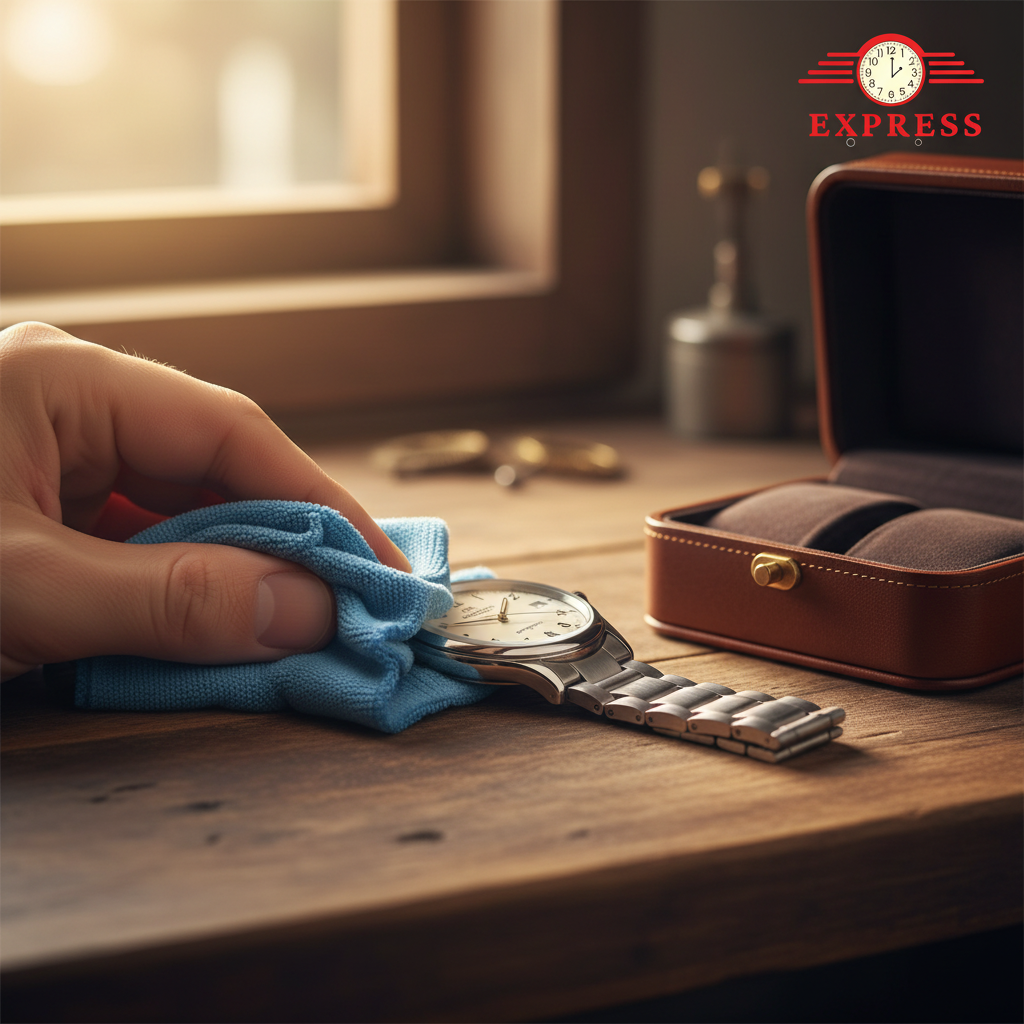 Watchmaker wiping a wristwatch clean with a microfiber cloth next to a watch storage box in Sterling, VA