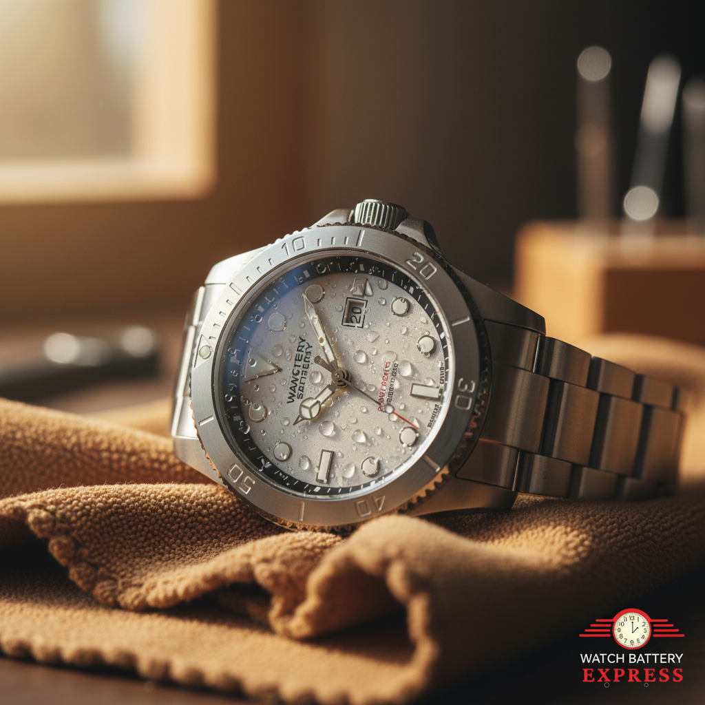 Wristwatch with water droplets on the crystal face resting on a dry cloth — water damage watch repair in Sterling, VA