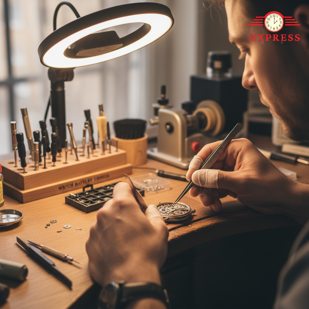 Watchmaker repairing an open watch movement at a professional repair bench — Watch Battery Express Sterling VA